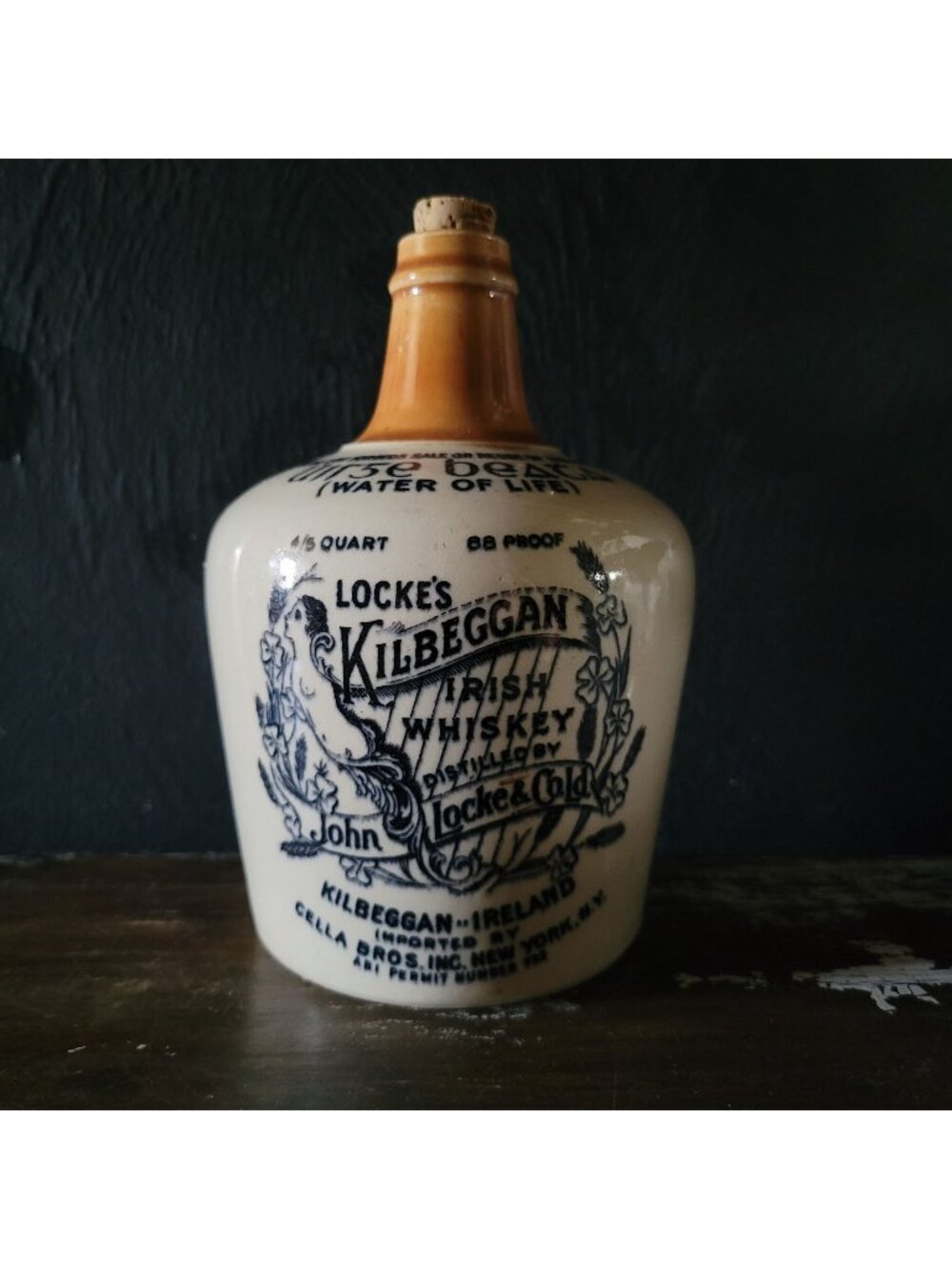 Locke's KILBEGGAN Whiskey Stoneware Jug for US Export Cella Brothers NY EMPTY